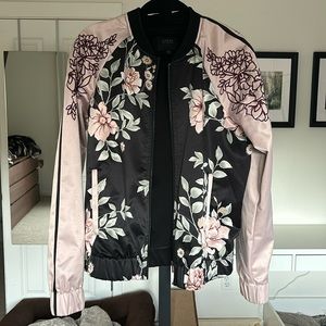 Pink and black floral embellished bomber jacket